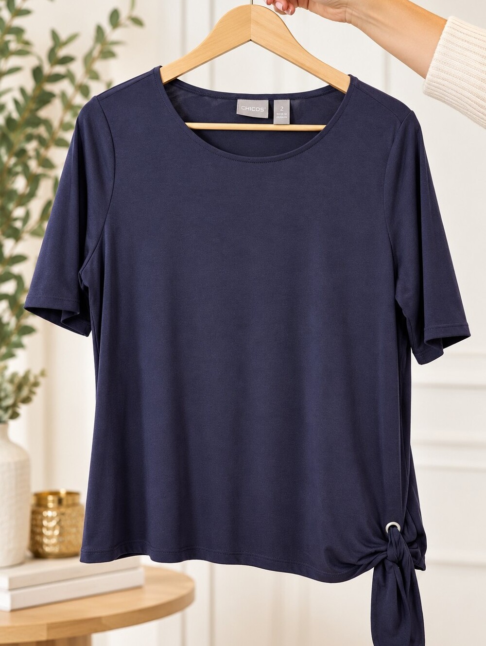 Chico's Size 2 Navy Side Tie Grommet Short Sleeve Top